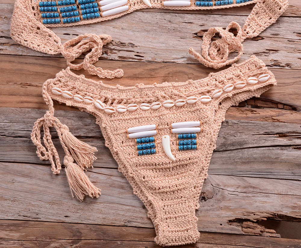 Sexy Blue Shell Beaded Bikinis Set Handmade Crochet High Quality Swimsuit Women Push Up Swimwear Knitted Beach Wear Bathing Suit