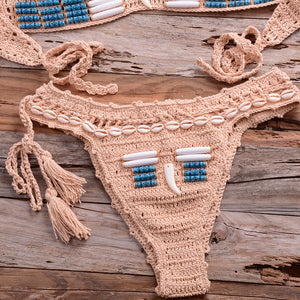 Sexy Blue Shell Beaded Bikinis Set Handmade Crochet High Quality Swimsuit Women Push Up Swimwear Knitted Beach Wear Bathing Suit