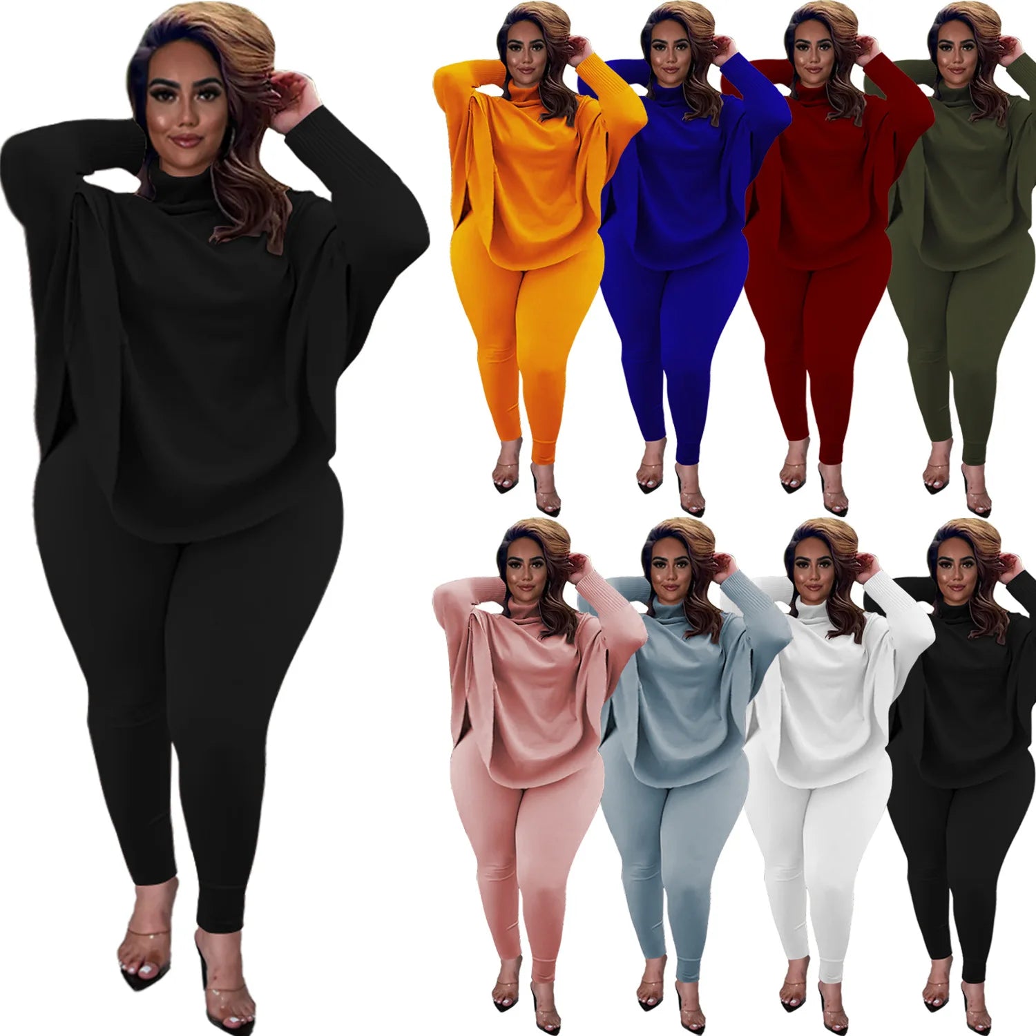 Knitted Plus Size Women 2 Piece Set Casual Solid Bat Sleeve Split Knit Top Trousers Ribbed Pit Strip Matching Fall Winter Outfit