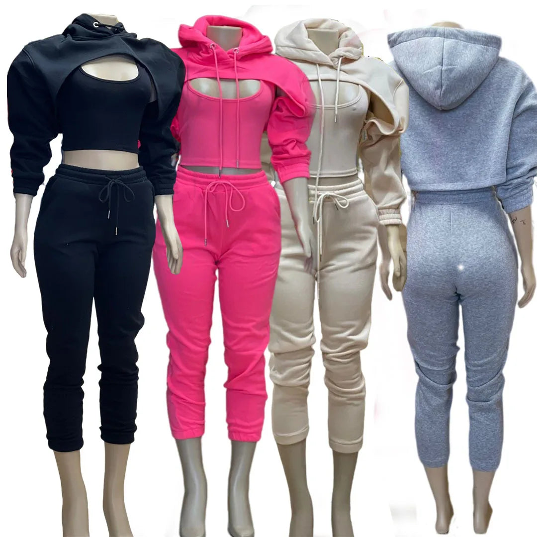 Fitness Women 3 Piece Set Solid Long Sleeve Crop Hoodies Vest High Waist Jogging Pants Suit 2021 Winter Autumn Sporty Sweat Suit