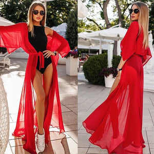 Summer Lady Beach Cover Up Sexy Bikini 2024 Chiffon Long Dress For Women Solid Beach Dress Women Bathing Suit Beach Tunic Kaftan