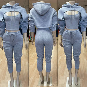 Fitness Women 3 Piece Set Solid Long Sleeve Crop Hoodies Vest High Waist Jogging Pants Suit 2021 Winter Autumn Sporty Sweat Suit