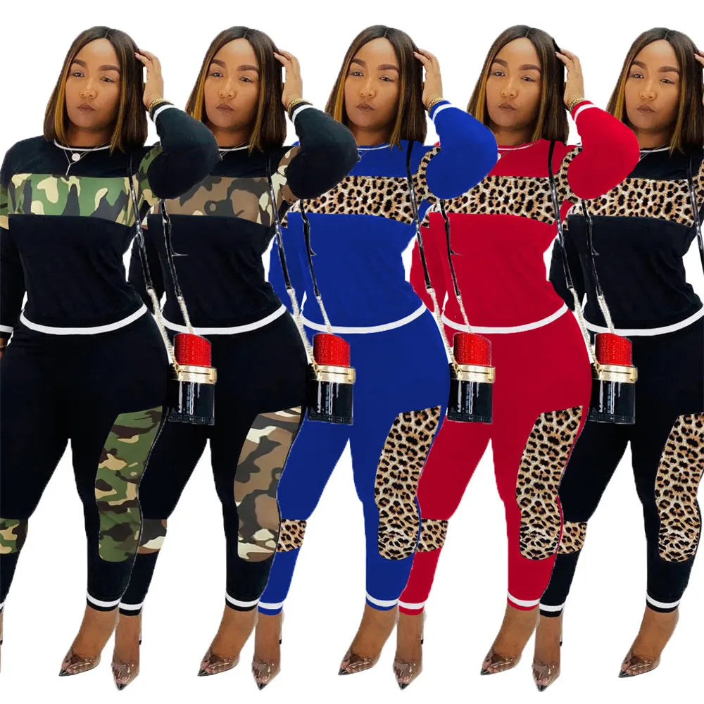 2024 Leopard Camouflage Two Pieces Set Women's Sports Suit Long Sleeve Sweatshirt and Sweatpants Casual Tracksuit Jogging Femme