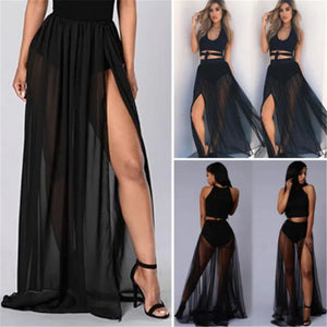 2024 Summer Swimwear Beach Cover-Up Sheer Beach Skirts For Women Solid Lace See-Through Hollow Out Ankle Length Mesh Skirt Women