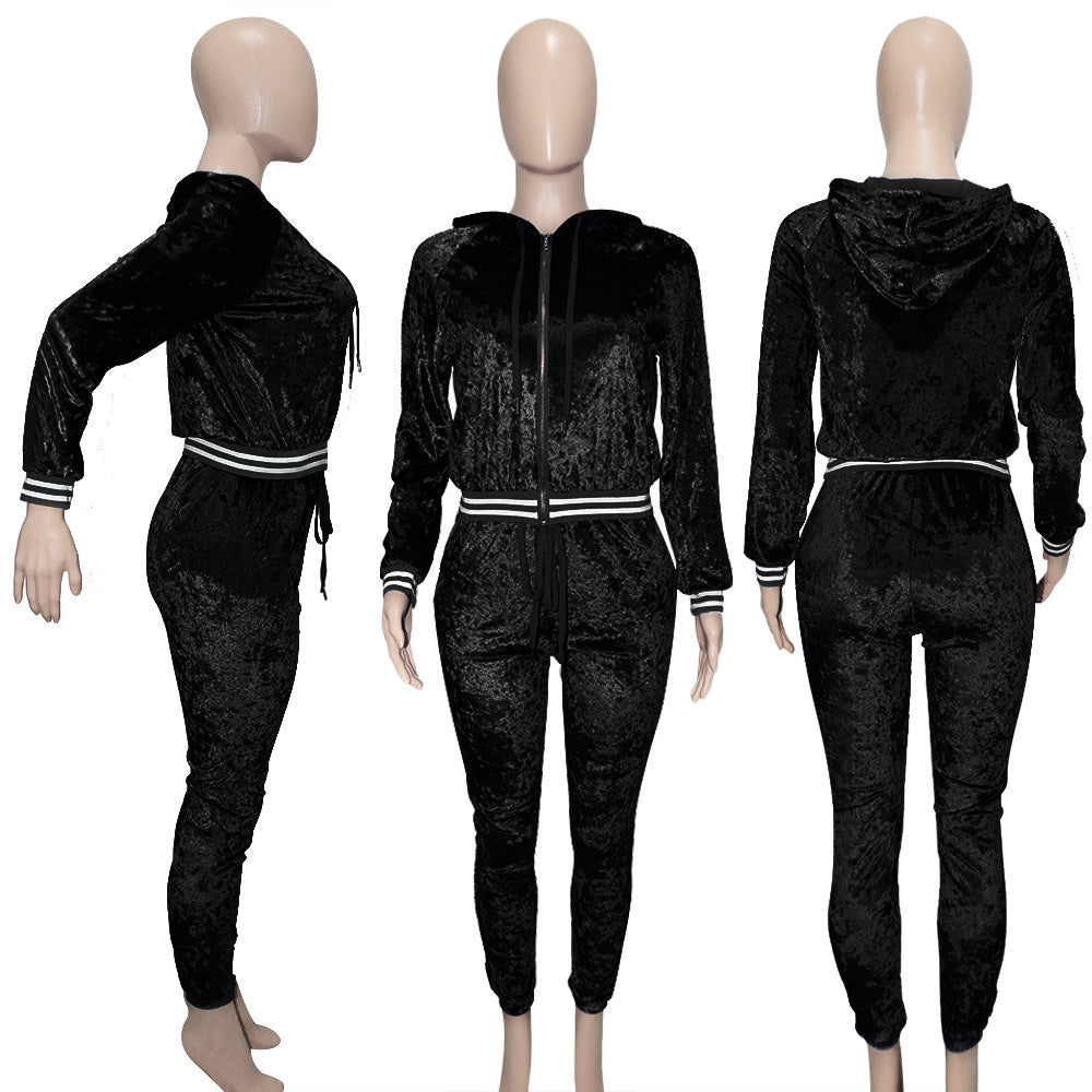 Casual Stripe Velvet Women Tracksuit Autumn Matching Set Solid Long Sleeve Zip Hooded Jacket Joggers Pants Outfit Two Piece Sets