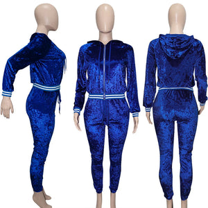 Casual Stripe Velvet Women Tracksuit Autumn Matching Set Solid Long Sleeve Zip Hooded Jacket Joggers Pants Outfit Two Piece Sets