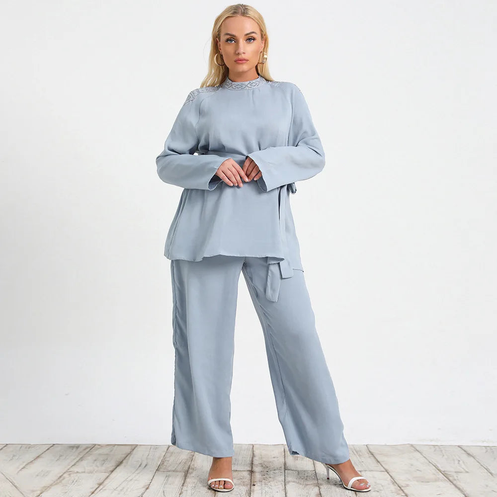 Knitted Plus Size Women 2 Piece Set Casual Solid Bat Sleeve Split Knit Top Trousers Ribbed Pit Strip Matching Fall Winter Outfit