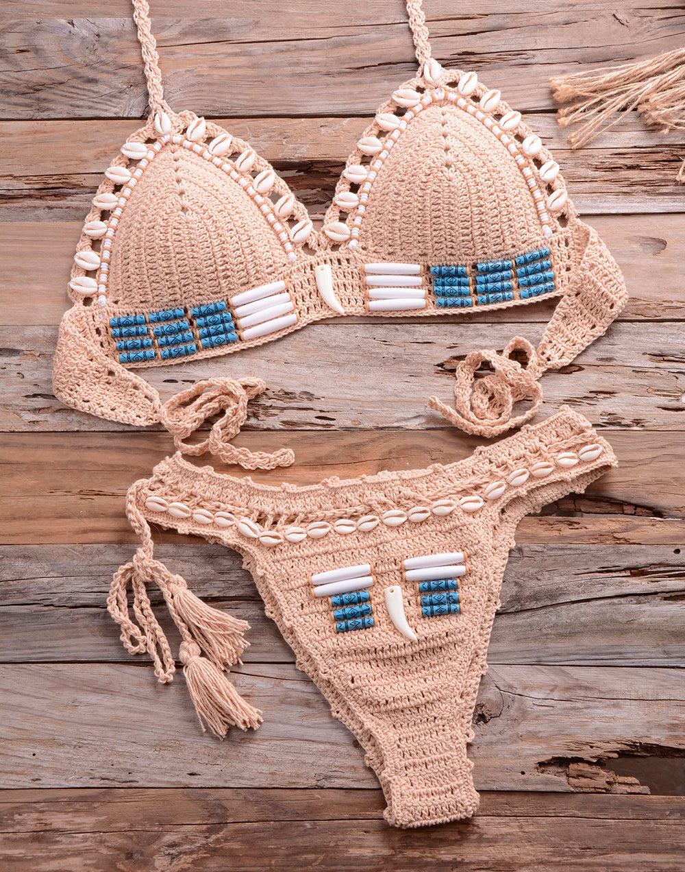 Sexy Blue Shell Beaded Bikinis Set Handmade Crochet High Quality Swimsuit Women Push Up Swimwear Knitted Beach Wear Bathing Suit