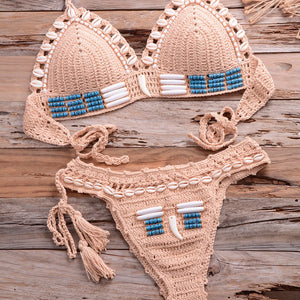 Sexy Blue Shell Beaded Bikinis Set Handmade Crochet High Quality Swimsuit Women Push Up Swimwear Knitted Beach Wear Bathing Suit