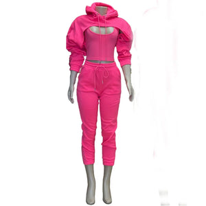 Fitness Women 3 Piece Set Solid Long Sleeve Crop Hoodies Vest High Waist Jogging Pants Suit 2021 Winter Autumn Sporty Sweat Suit