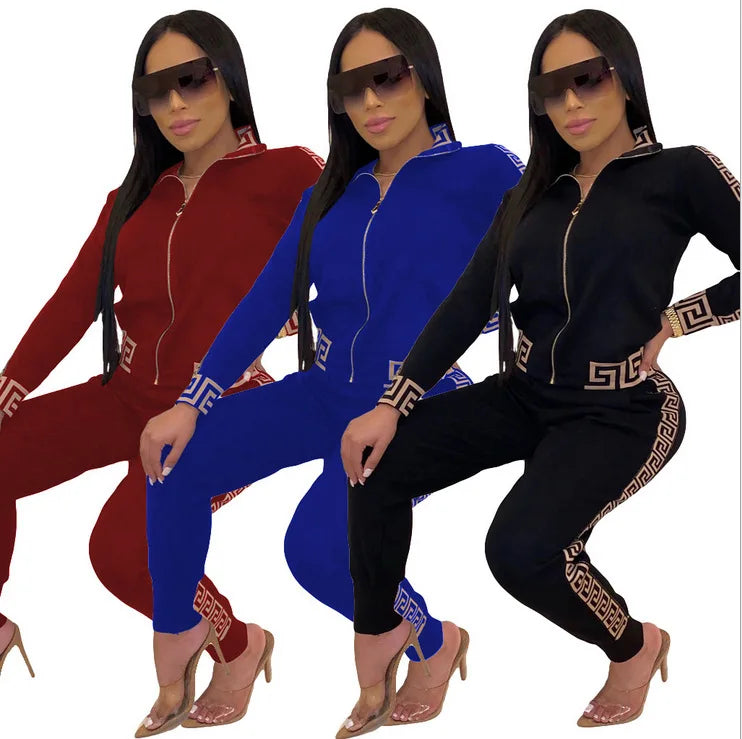 2022 y2k Tracksuit Women Elegant Two -Pieces Suit Sets Female Stylish Plus Size Greek Fret Print Coat & Pant Sets jogging femme