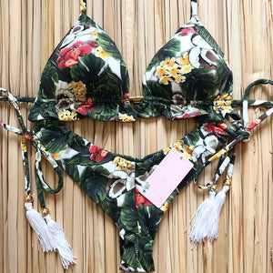 2019 Sexy Halter Swimsuit Women Thong Micro Bikini String Padded Swimwear Brazilian Bikini Bandage Tropical Plant Print Swimsuit