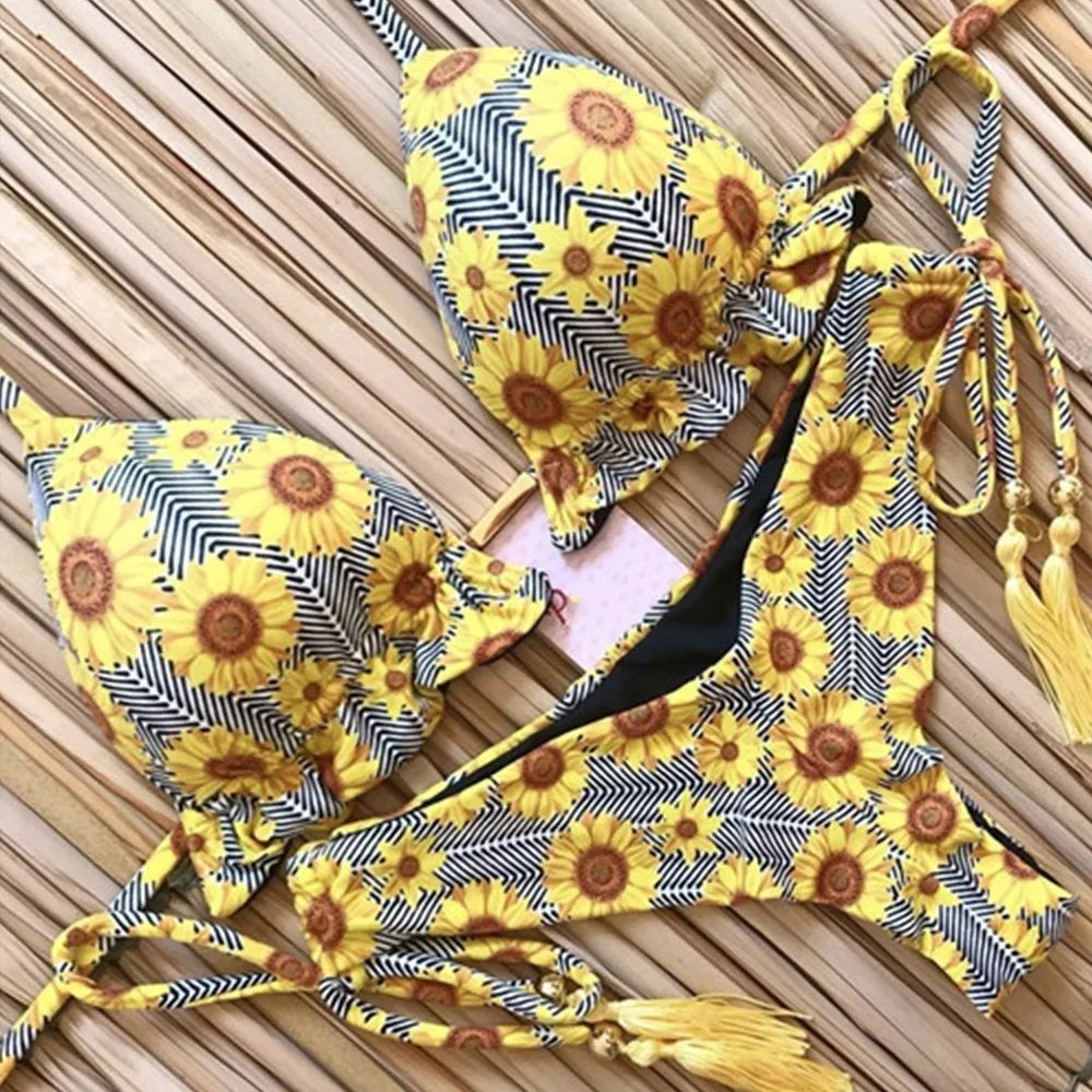 2019 Sexy Halter Swimsuit Women Thong Micro Bikini String Padded Swimwear Brazilian Bikini Bandage Tropical Plant Print Swimsuit