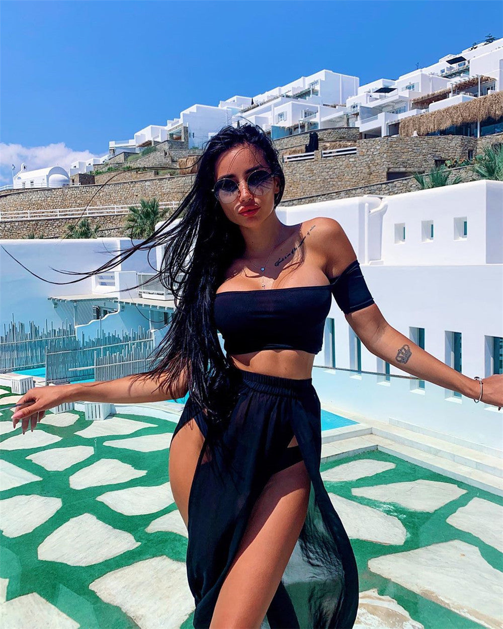 Two Piece Swimwear Women Mesh Sheer Bikini Cover-ups Set See-through Long Sleeve Crop Tops and Cover Up Skirts Beach Dresses