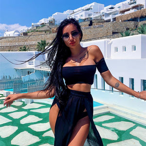 Two Piece Swimwear Women Mesh Sheer Bikini Cover-ups Set See-through Long Sleeve Crop Tops and Cover Up Skirts Beach Dresses