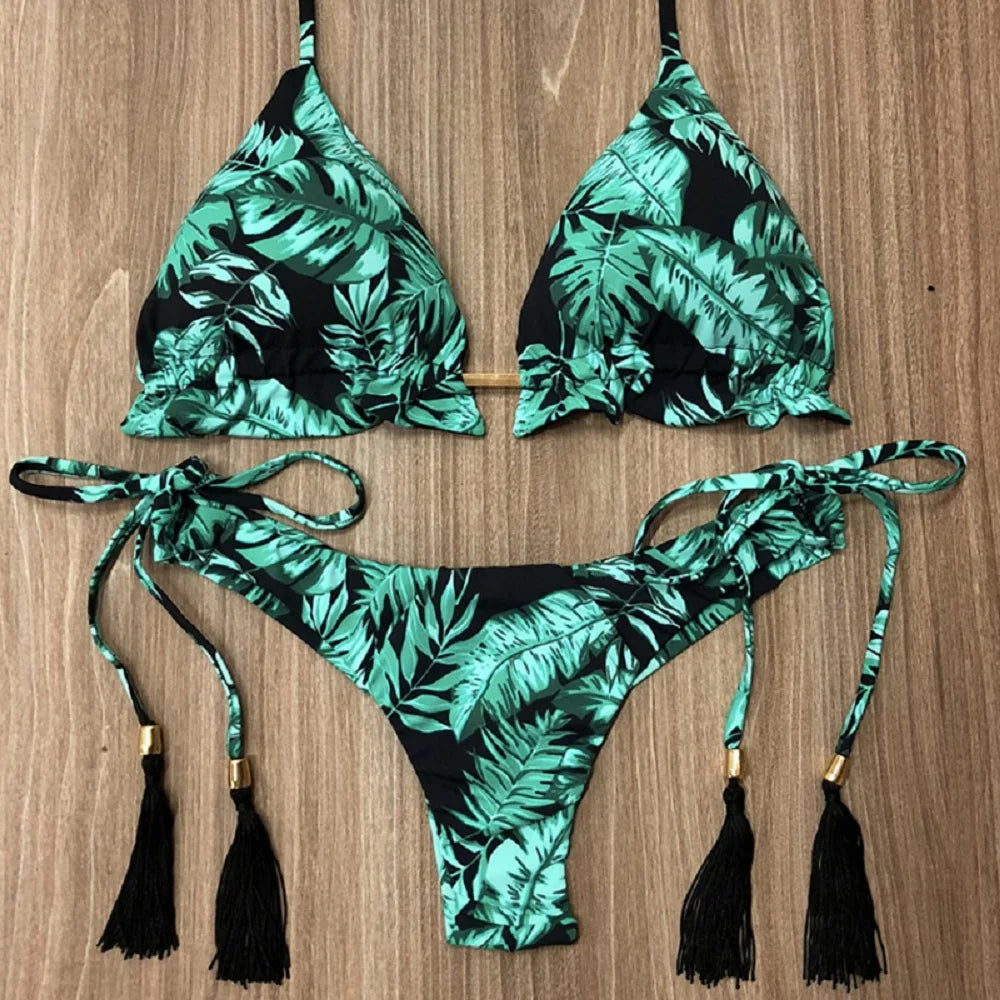 2019 Sexy Halter Swimsuit Women Thong Micro Bikini String Padded Swimwear Brazilian Bikini Bandage Tropical Plant Print Swimsuit