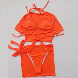 VigoCasey Orange 4PCS/Set Swimwear Women Sexy High Waist Neck Bikini Set 2024 Swimsuit Short Tied Sleeve Bathing Suit Swim Wear