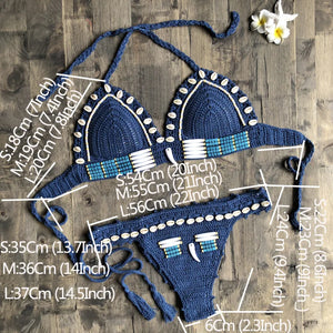 Sexy Blue Shell Beaded Bikinis Set Handmade Crochet High Quality Swimsuit Women Push Up Swimwear Knitted Beach Wear Bathing Suit