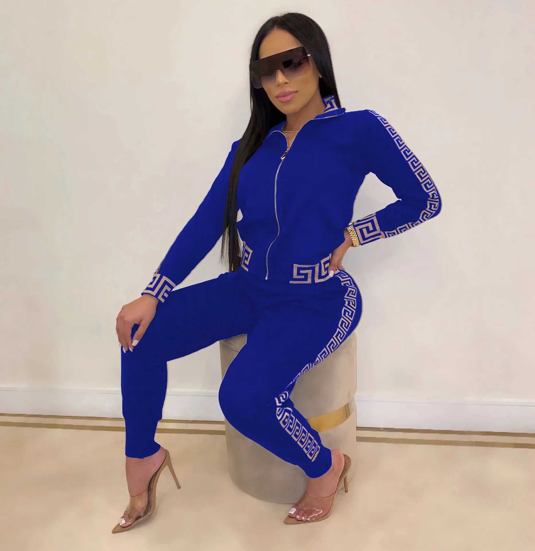 2022 y2k Tracksuit Women Elegant Two -Pieces Suit Sets Female Stylish Plus Size Greek Fret Print Coat & Pant Sets jogging femme