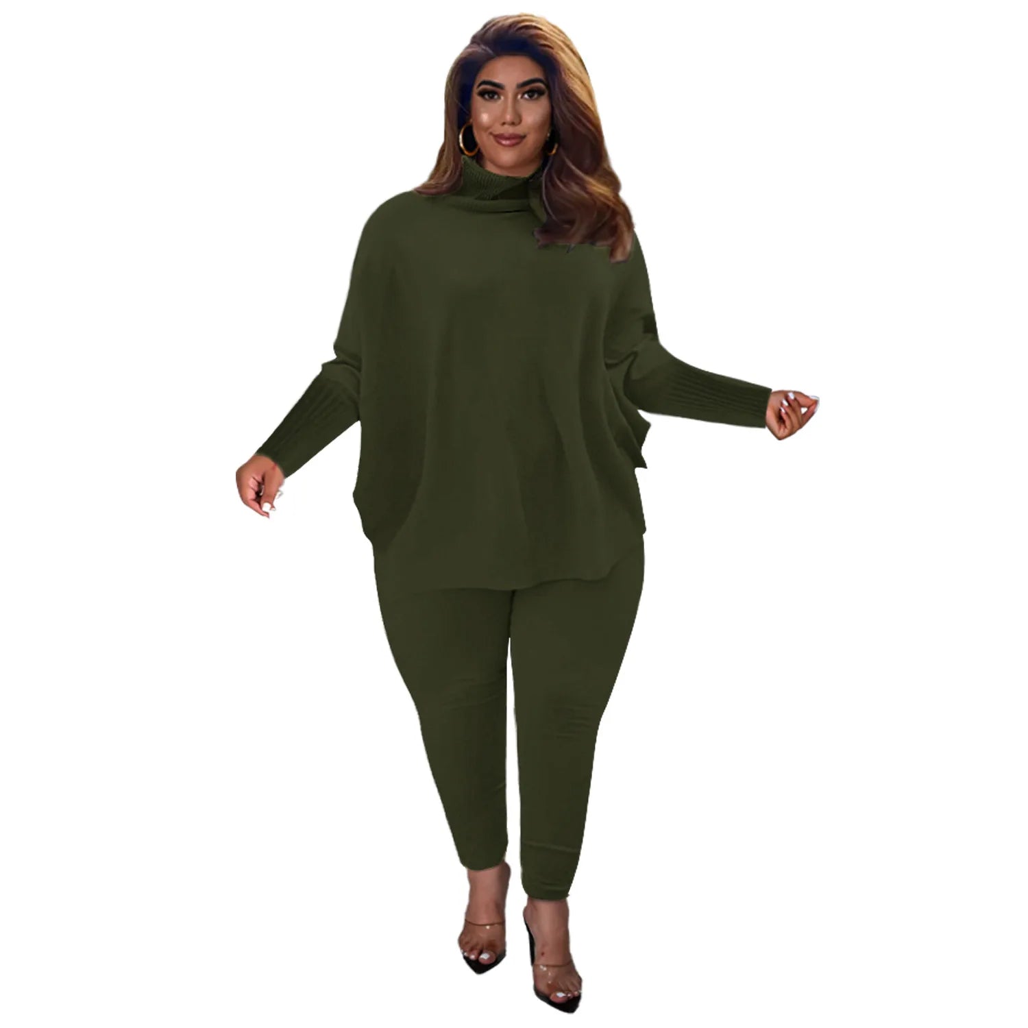 Knitted Plus Size Women 2 Piece Set Casual Solid Bat Sleeve Split Knit Top Trousers Ribbed Pit Strip Matching Fall Winter Outfit