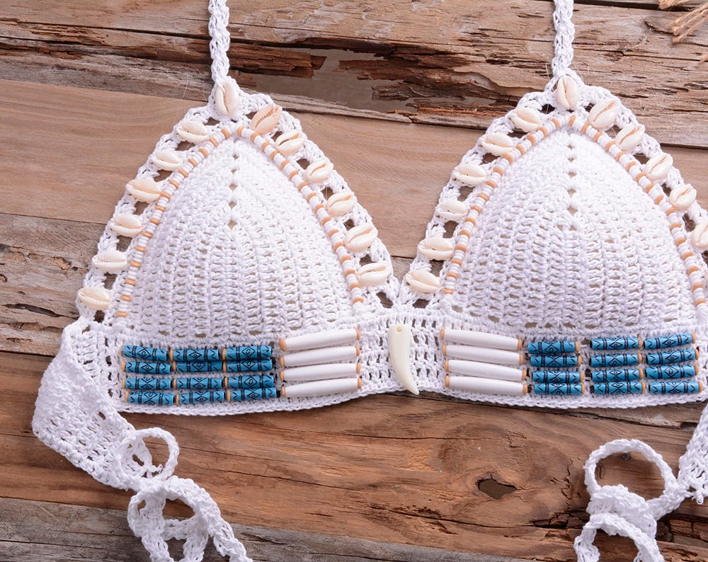 Sexy Blue Shell Beaded Bikinis Set Handmade Crochet High Quality Swimsuit Women Push Up Swimwear Knitted Beach Wear Bathing Suit