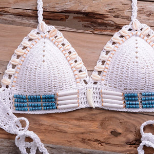 Sexy Blue Shell Beaded Bikinis Set Handmade Crochet High Quality Swimsuit Women Push Up Swimwear Knitted Beach Wear Bathing Suit