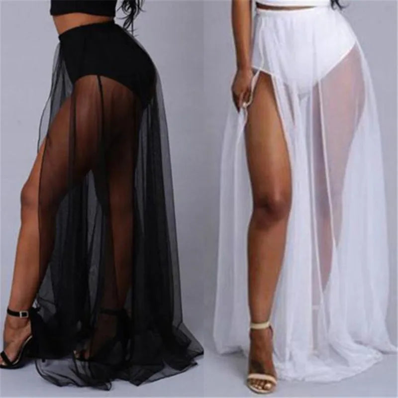 2024 Summer Swimwear Beach Cover-Up Sheer Beach Skirts For Women Solid Lace See-Through Hollow Out Ankle Length Mesh Skirt Women