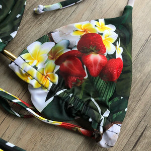 2019 Sexy Halter Swimsuit Women Thong Micro Bikini String Padded Swimwear Brazilian Bikini Bandage Tropical Plant Print Swimsuit