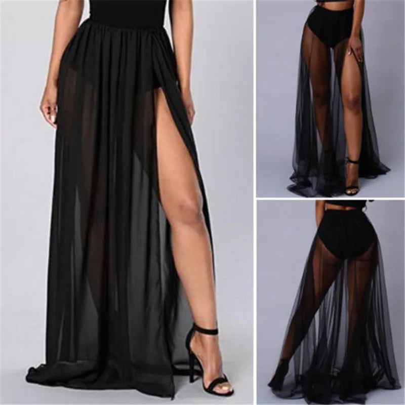 2024 Summer Swimwear Beach Cover-Up Sheer Beach Skirts For Women Solid Lace See-Through Hollow Out Ankle Length Mesh Skirt Women