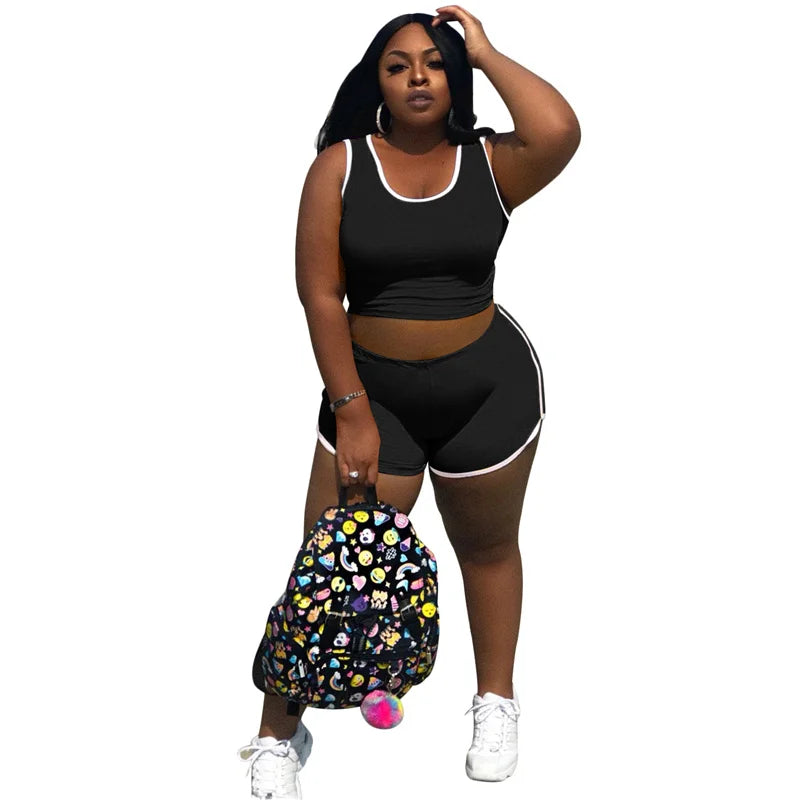 Plus Size Two Piece Set Women Wholesale Shorts Sets Solid Vest Short Leggings Super Stretch Jogging Suit Tracksuit Dropshipping