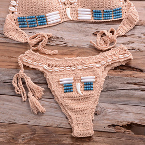 Sexy Blue Shell Beaded Bikinis Set Handmade Crochet High Quality Swimsuit Women Push Up Swimwear Knitted Beach Wear Bathing Suit