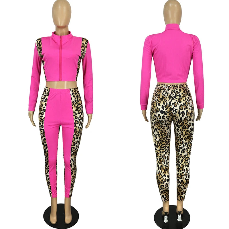 Leopard Patchwork Two Piece Set Women Cropped Jacket Top and Pants Sets Sweatsuits for Women Sportwear Jogger Casual Tracksuit