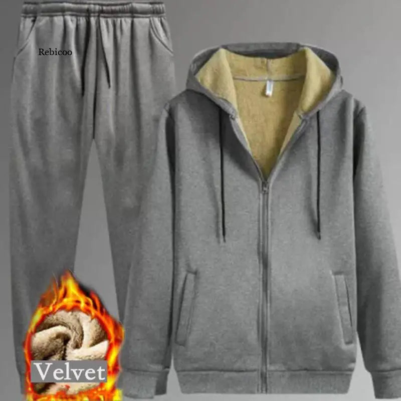 Winter Thick Warm Lamb Wool Tracksuit Men Hooded Running Sets Hoodies Jacket+Pants Casual Sweat Sportswear Jogging Suits