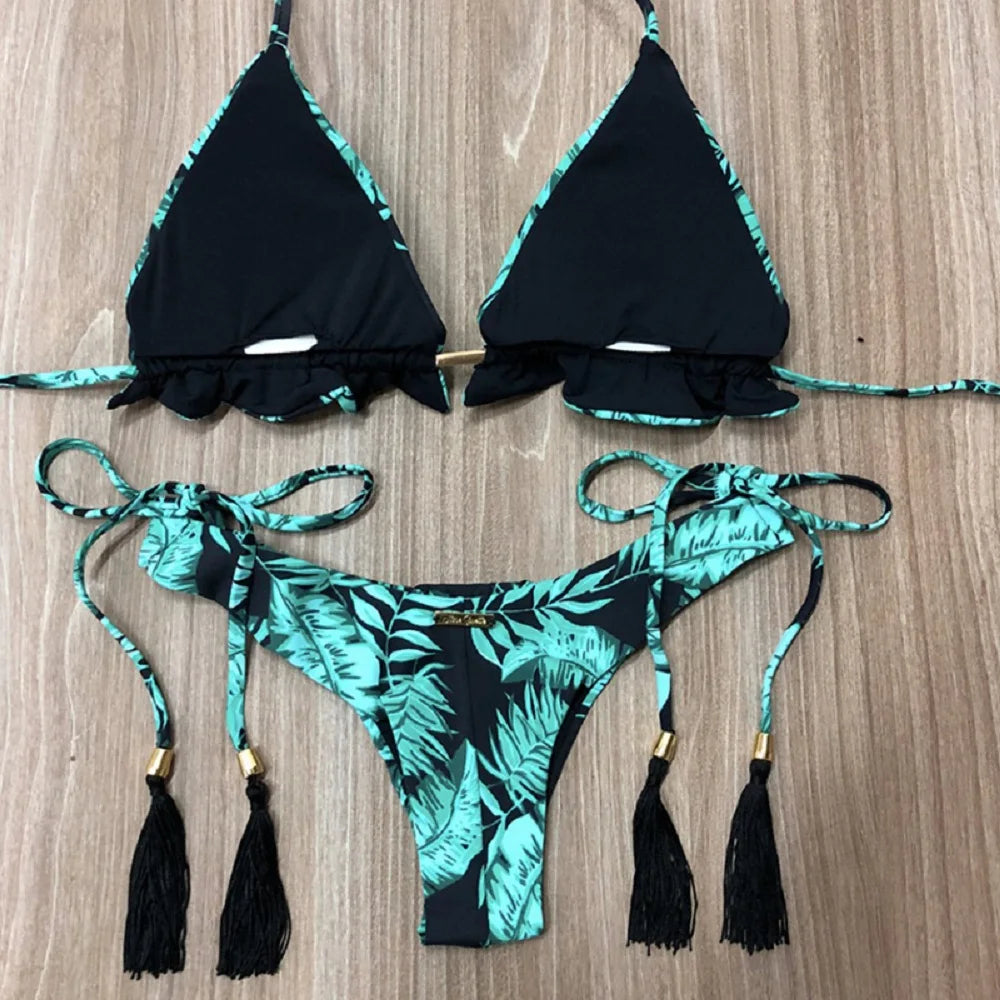 2019 Sexy Halter Swimsuit Women Thong Micro Bikini String Padded Swimwear Brazilian Bikini Bandage Tropical Plant Print Swimsuit