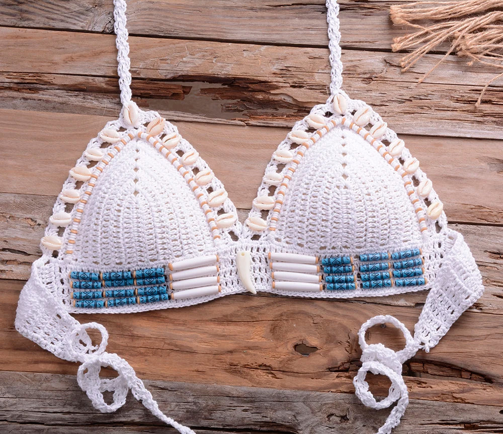 Sexy Blue Shell Beaded Bikinis Set Handmade Crochet High Quality Swimsuit Women Push Up Swimwear Knitted Beach Wear Bathing Suit