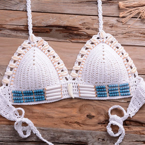 Sexy Blue Shell Beaded Bikinis Set Handmade Crochet High Quality Swimsuit Women Push Up Swimwear Knitted Beach Wear Bathing Suit