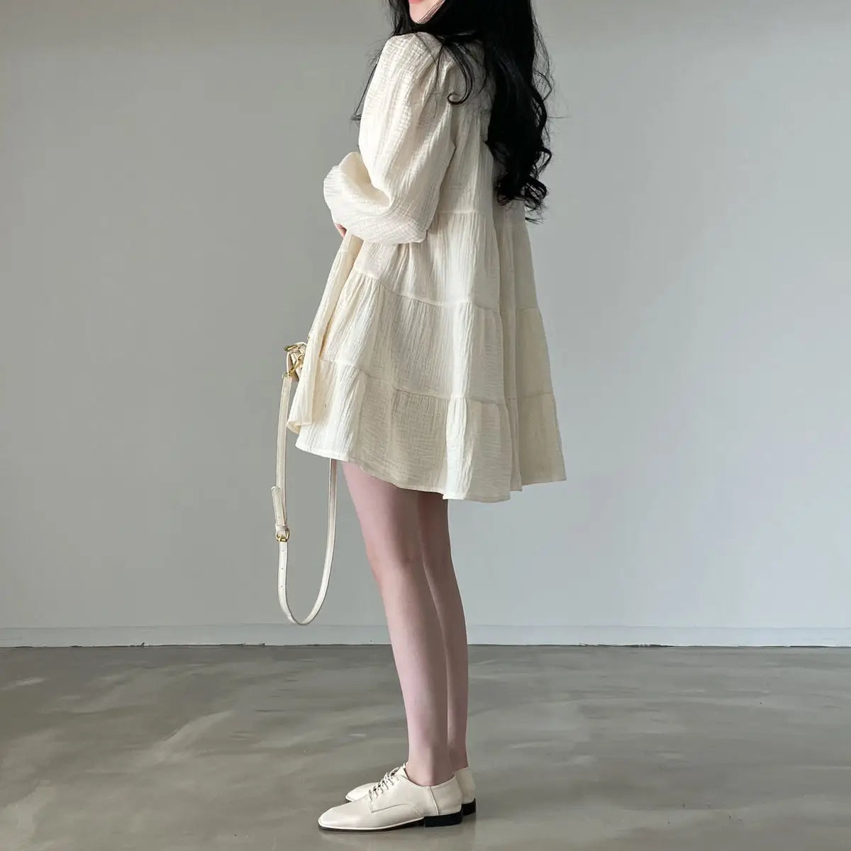 Long Sleeve Dress Women Ins Spring Lovely Solid A-line Ruffles Korean Apricot Fashion Retro Turn-down Collar  Clothes