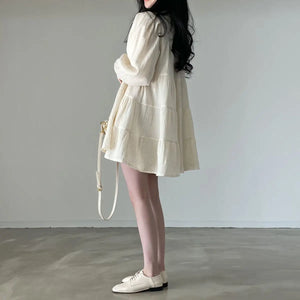 Long Sleeve Dress Women Ins Spring Lovely Solid A-line Ruffles Korean Apricot Fashion Retro Turn-down Collar  Clothes