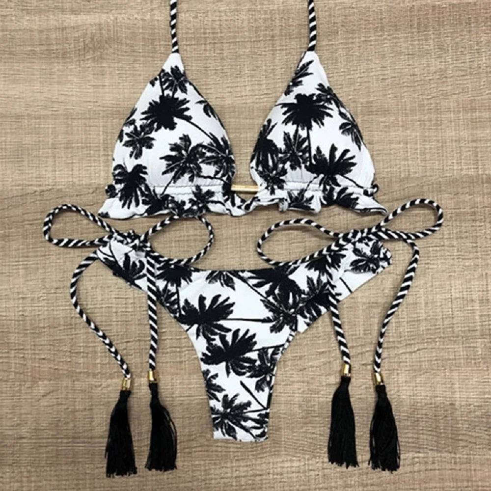 2019 Sexy Halter Swimsuit Women Thong Micro Bikini String Padded Swimwear Brazilian Bikini Bandage Tropical Plant Print Swimsuit