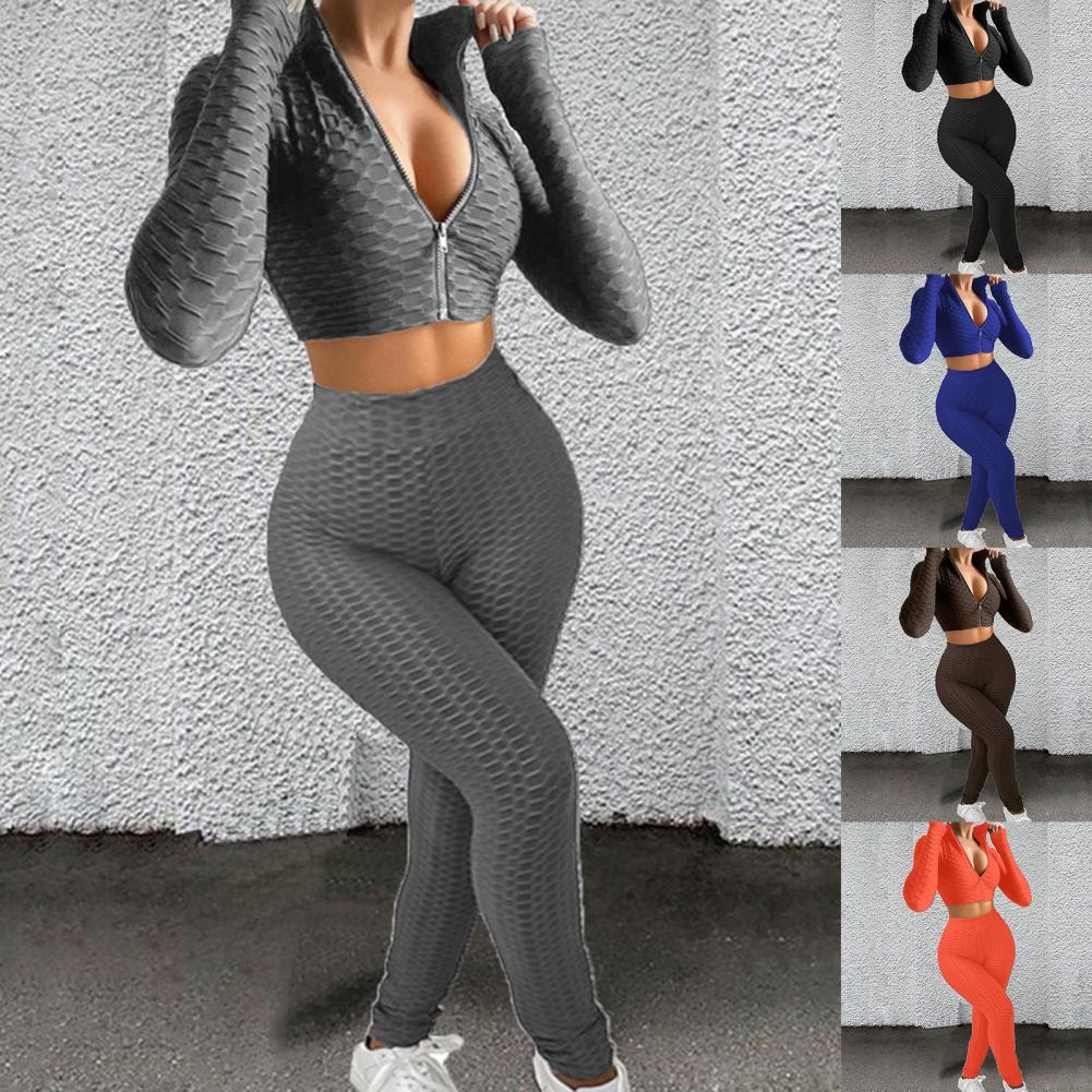 Women Sports Tracksuit Sexy Slim Crop Top High Waist Pants Two Piece Set 2021 Autumn Skinny Running Outfits Jogger Sportswear