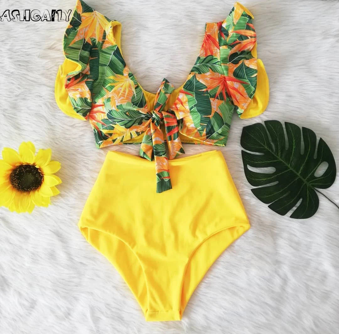 2024 Print Swimwear Women High Waist Bikini Ruffle Swimsuit Push Up Bikinis Set Bathing Suit Beach wear Summer Biquini Female