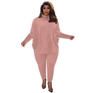 Knitted Plus Size Women 2 Piece Set Casual Solid Bat Sleeve Split Knit Top Trousers Ribbed Pit Strip Matching Fall Winter Outfit