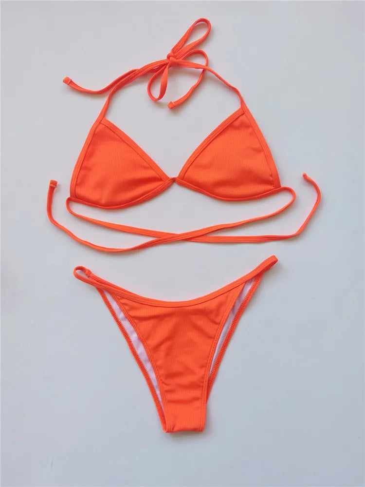 VigoCasey Orange 4PCS/Set Swimwear Women Sexy High Waist Neck Bikini Set 2024 Swimsuit Short Tied Sleeve Bathing Suit Swim Wear