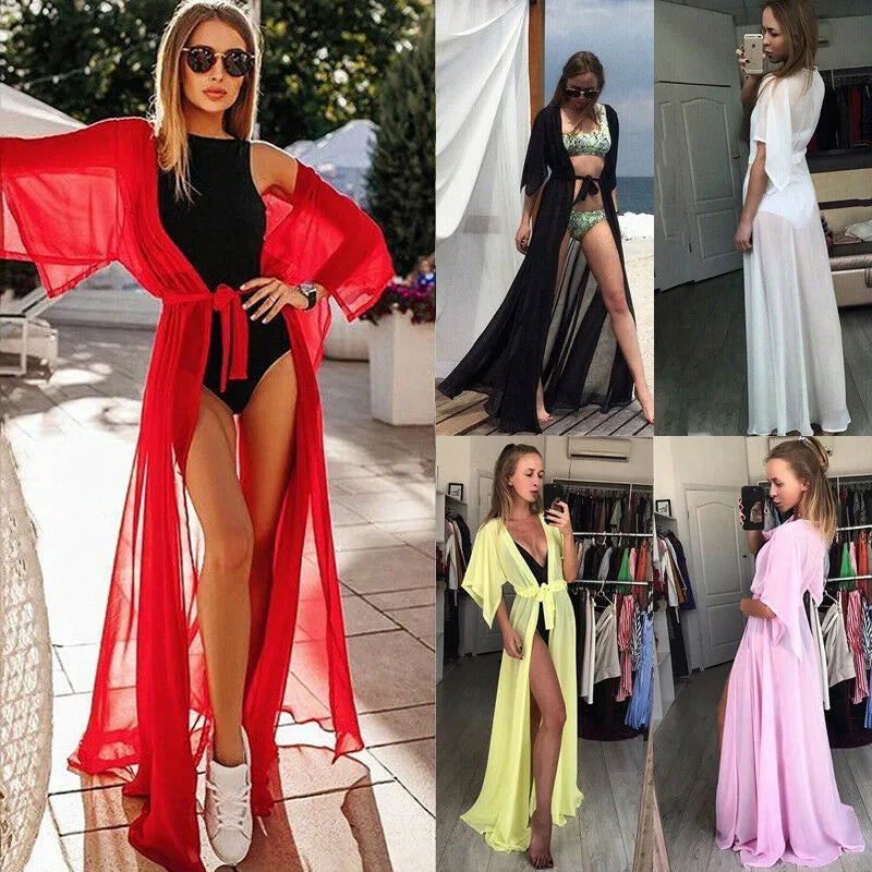 Summer Lady Beach Cover Up Sexy Bikini 2024 Chiffon Long Dress For Women Solid Beach Dress Women Bathing Suit Beach Tunic Kaftan