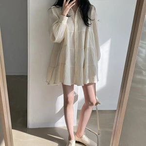 Long Sleeve Dress Women Ins Spring Lovely Solid A-line Ruffles Korean Apricot Fashion Retro Turn-down Collar  Clothes