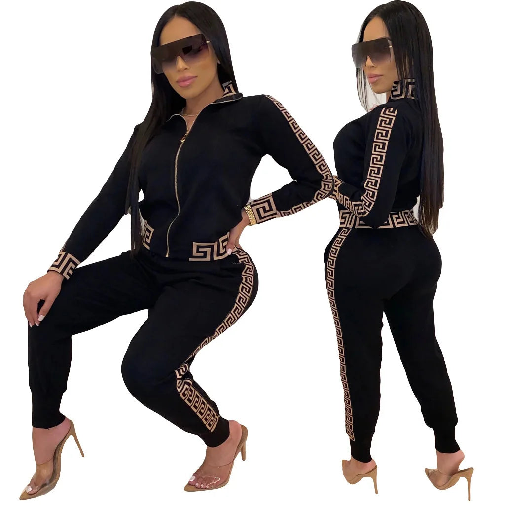 2022 y2k Tracksuit Women Elegant Two -Pieces Suit Sets Female Stylish Plus Size Greek Fret Print Coat & Pant Sets jogging femme