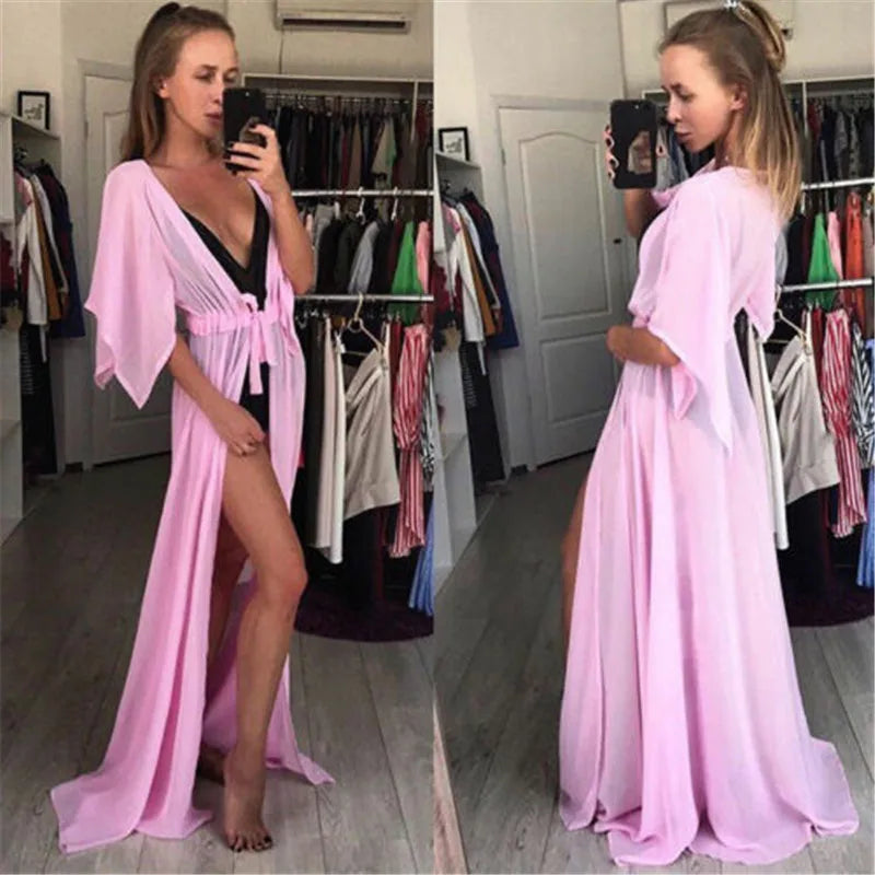 Summer Lady Beach Cover Up Sexy Bikini 2024 Chiffon Long Dress For Women Solid Beach Dress Women Bathing Suit Beach Tunic Kaftan