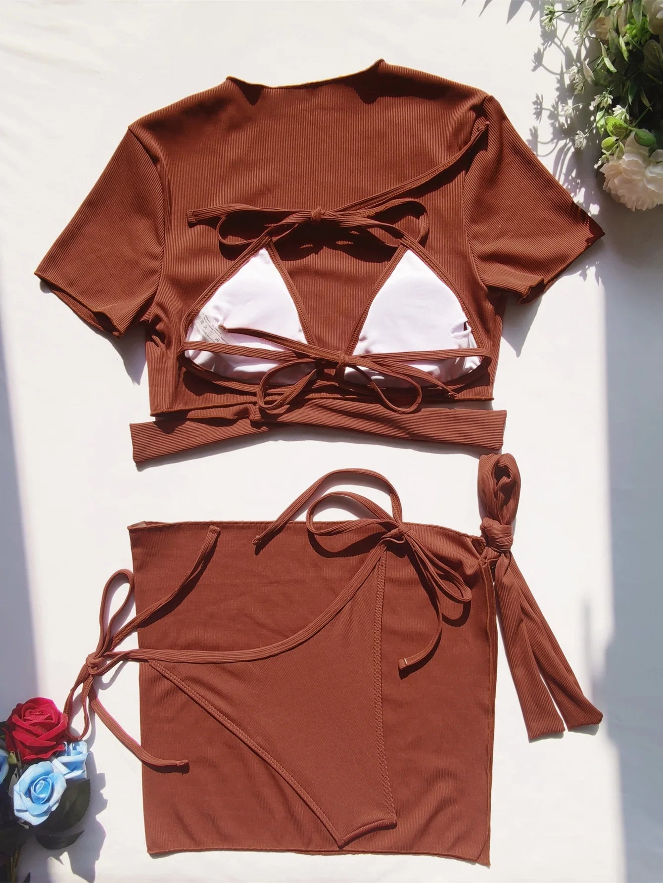 VigoCasey Orange 4PCS/Set Swimwear Women Sexy High Waist Neck Bikini Set 2024 Swimsuit Short Tied Sleeve Bathing Suit Swim Wear