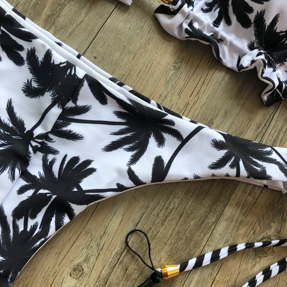 2019 Sexy Halter Swimsuit Women Thong Micro Bikini String Padded Swimwear Brazilian Bikini Bandage Tropical Plant Print Swimsuit