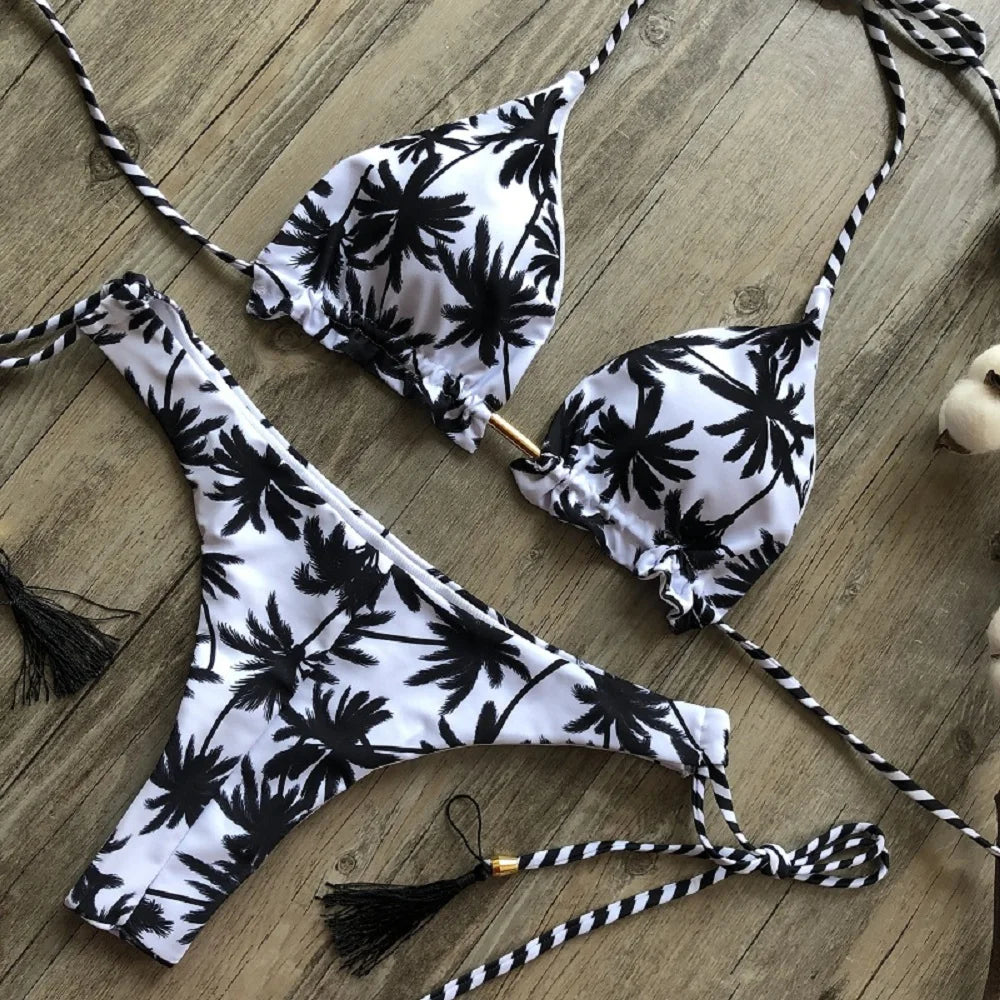 2019 Sexy Halter Swimsuit Women Thong Micro Bikini String Padded Swimwear Brazilian Bikini Bandage Tropical Plant Print Swimsuit